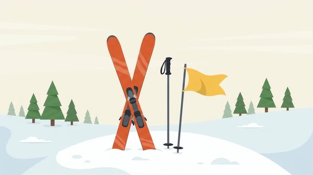 Crossed Skis and Ski Pole in Snow with Fluttering Flag, Animation