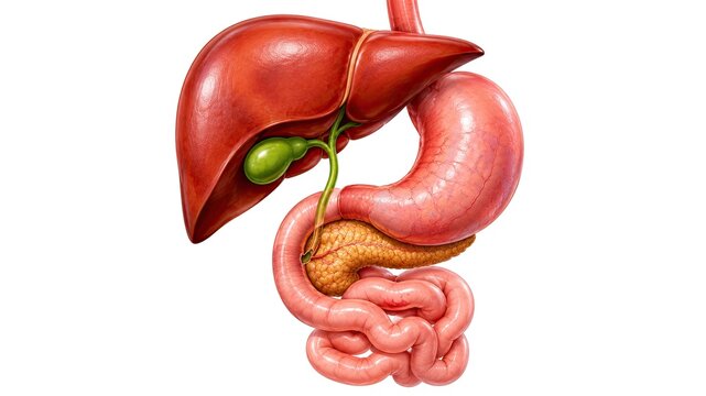 Human digestive system anatomy featuring liver stomach pancreas gallbladder and intestines detailed medical illustration isolated on white backgroun