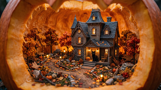 Surreal miniature world inside a giant carved Halloween pumpkin, tiny cozy haunted house, glowing windows 