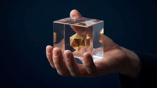 Hand Holding Transparent Glass Cube with Golden Geometric Polygon Inside Concept of Innovation Core Value and Future Technology