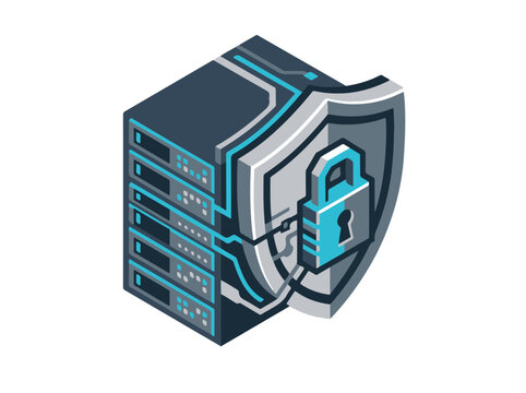 Isometric Illustration of a Server Rack Protected by a Shield and Padlock Symbolizing Data Security and Network Defense