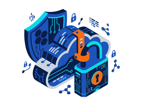 Cloud Security Concept with Isometric Padlock Locking Protected Data Shield Digital Information and Network Infrastructure