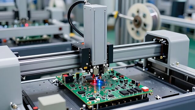 An automated robotic surface mount technology machine soldering and assembling microchips and electronic components onto green circuit boards inside a modern high-tech semiconductor manufacturing.