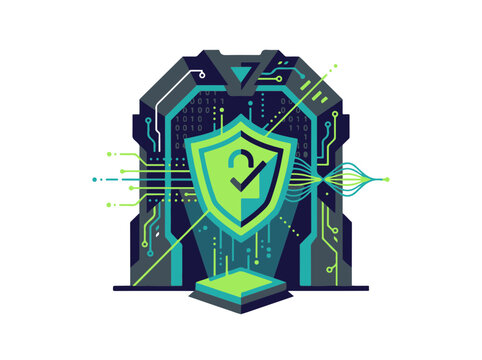 Cybersecurity Digital Shield Illustration Safeguarding Sensitive Data with Intricate Circuitry and Binary Code