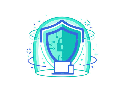 Cybersecurity Shield Protecting Digital Devices Featuring a Padlock to Symbolize Data Protection and Online Privacy for Secure Access