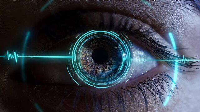 Human eye with digital biometric iris scan overlay