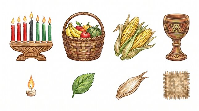 Kwanzaa celebration featuring kinara candles harvest fruit basket