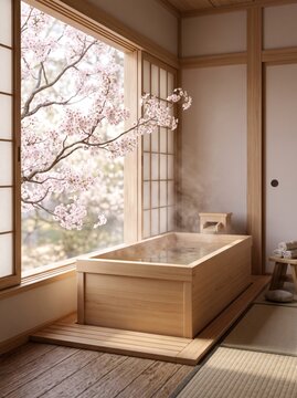 Tranquil zen spa interior with wooden bathtub and blooming cherry blossom branches at window