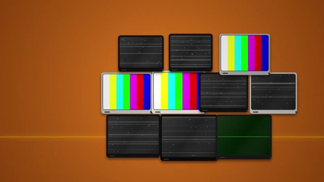 Wall of vintage cathode ray tube televisions displaying static noise and color test patterns on a warm brown background