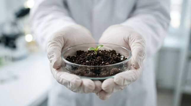 Close up of a scientist in a white lab coat holding a petri dish with a green seedling and soil