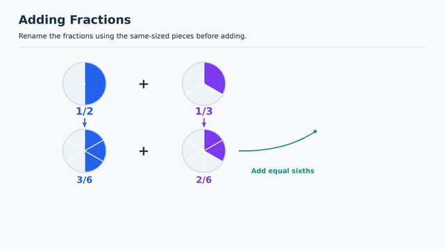 Adding Fractions with Unlike Denominators, One Half Plus One Third, Educational Maths Animation, Easy to Learn Mathematics for Kids, Classroom Explainer Video