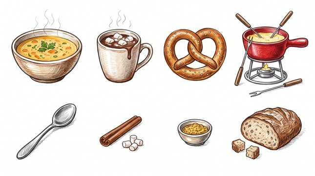 Christmas celebration food set featuring soup hot cocoa pretzel and