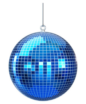 3d blue disco ball with mirrored facets for party and club design isolated on background. Shiny globe shape for retro nightlife, events.

