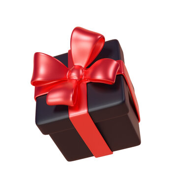3d black gift box with bright red satin ribbon and bow. Premium, elegant packaging for gifts, Black Friday celebrations.
