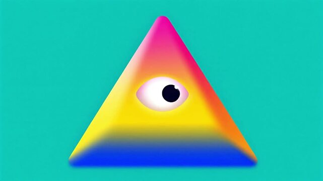A vibrant, colorful gradient triangle featuring a large blinking eye in the center, set against a teal background.