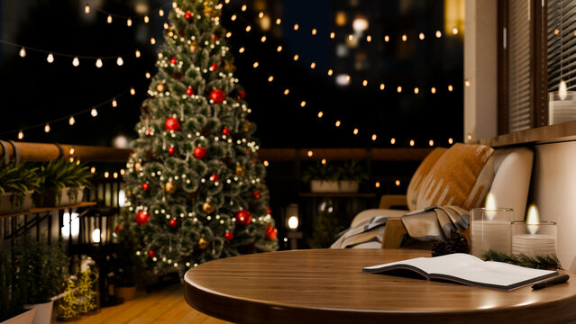 3D Illustration of a Cozy Christmas Balcony at Night with Decorated Tree, String Lights, Candles, and Open Notebook