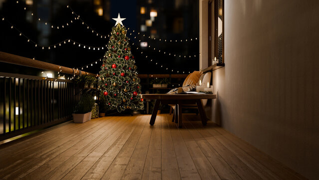 3D Illustration of Christmas Tree with Star and String Lights on Decorated Apartment Balcony at Night