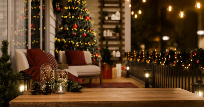 Christmas Decorated Balcony at Night with Wooden Table, Fairy Lights, Glass Domes, Pinecones and Christmas Tree 3D Illustration