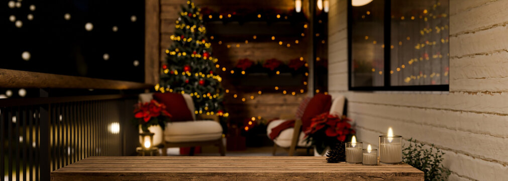 3D Illustration of a Cozy Christmas Balcony at Night with Candles, Festive Lights, and Decorated Tree