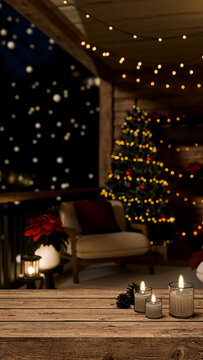 3D Illustration of Christmas Balcony with Candles, Fairy Lights, and Decorated Tree in Snowy Night Scene