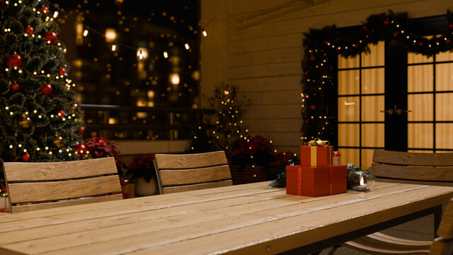 3D Illustration of Christmas Decorated Balcony at Night with Gift Boxes on Wooden Table and Festive Lights