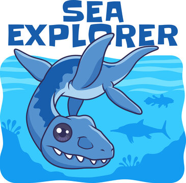 Cute animal Dinosaur Plesiosaurus exploring the Sea cartoon illustration