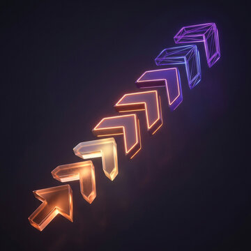 A sequence of glowing neon arrows pointing upwards against a dark background.