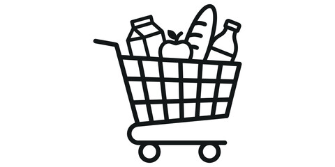 Shopping cart icon with grocery products line art for retail and ecommerce website design. © gpt