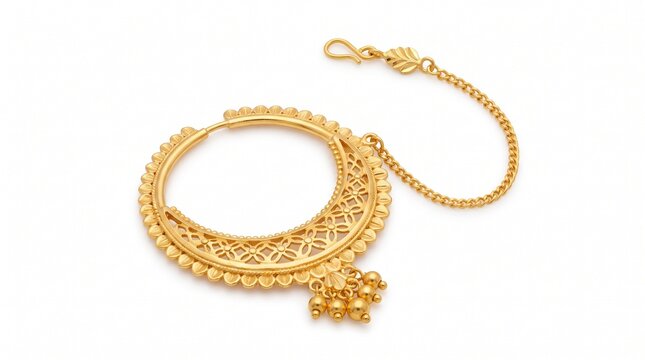 Traditional Indian Gold Nath Nose Ring, Intricate Bridal Jewelry Ornament, Filigree Gold Nose Ring with Chain for Weddings isolated PNG with Transparent Background