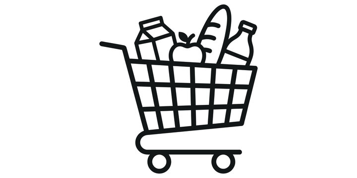 Shopping cart icon with grocery products line art for retail and ecommerce website design.