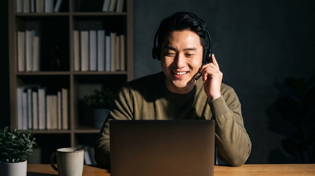 Smiling Korean man with headset on a video call at a home office