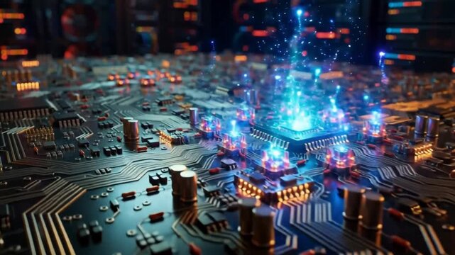 Futuristic quantum microprocessor circuit board with blue data streams