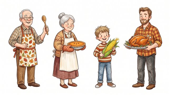 Thanksgiving celebration with family members holding turkey pie corn