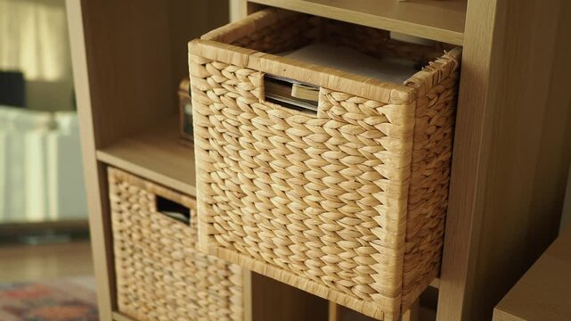 Storage ideas with woven baskets in a wooden shelf setting