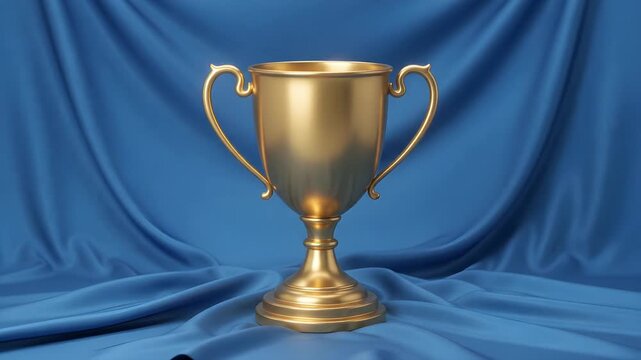 First place gold trophy cup on Blue silk cloth background. Win, Victory, Award concept 4k video resolution