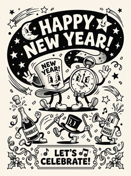 Happy New Year Vintage Black and White Cartoon. New Year party invitations, holiday merchandise, scrapbook decorations, educational materials