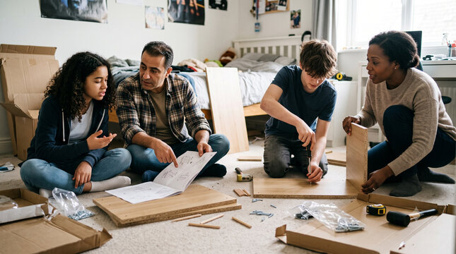 Diverse parents and teenagers assembling flat pack furniture in bedroom.
