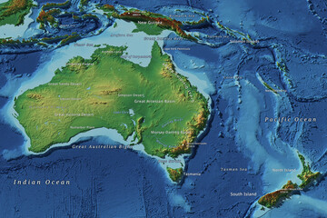 Australia and New Zealand 3D relief map with English geography labels © hu