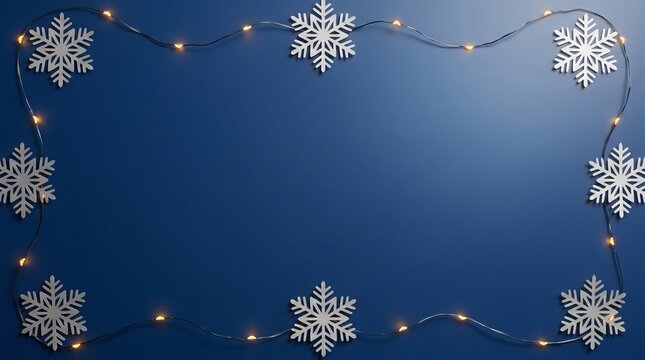 Delicate silver snowflakes, arranged with warm fairy lights, create a festive winter border on a deep blue backdrop