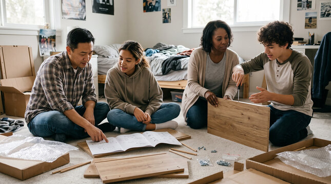 Diverse parents and teenagers assembling flat pack furniture in bedroom.