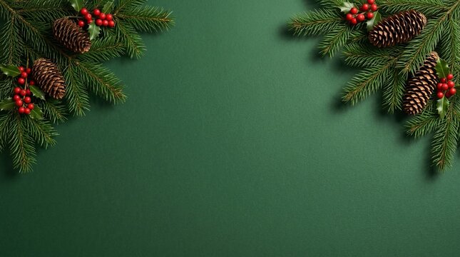Festive pine branches and cones arranged decoratively against a dark green backdrop, creating a winter holiday design