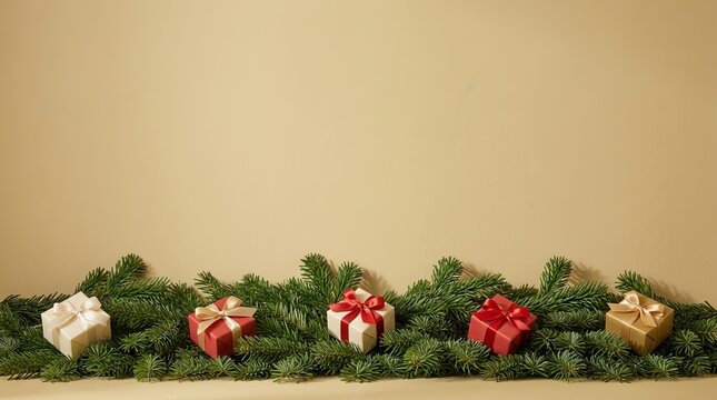 Festive gift boxes arranged beneath lush evergreen branches, background creating elegant holiday promotional concept imagery