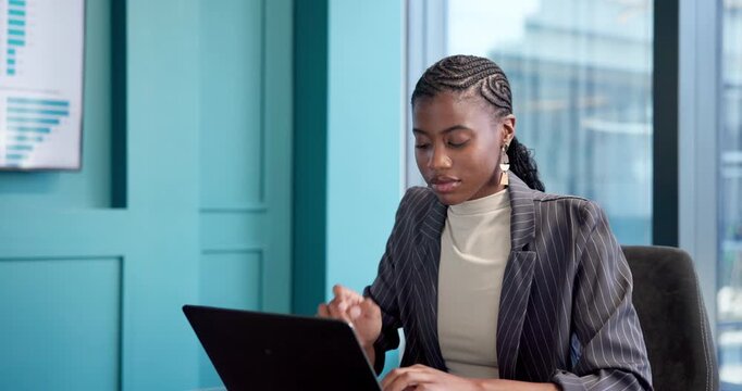 Thinking, plan or black woman in office with laptop, budget review or pitch ideas for investment. Serious, data or finance analyst with tech, cost analysis or problem solving for funding proposal.