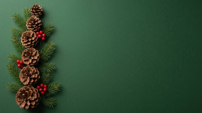 Festive pinecones and evergreen branches arranged beautifully, representing winter, holiday, and rustic seasonal decor concepts