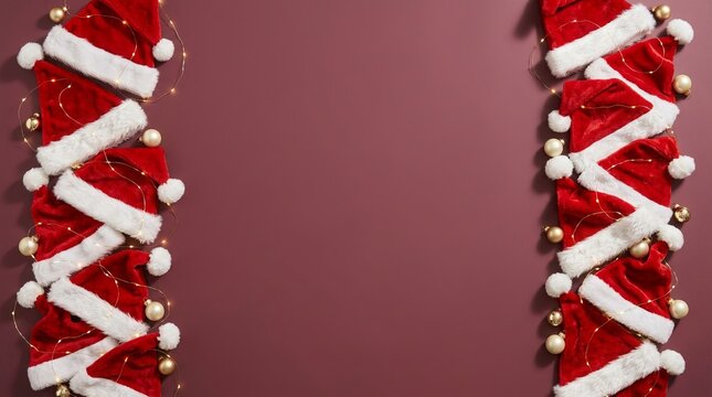 Festive red Santa hats playfully arranged with golden string lights, perfect concept for holiday season and cheerful celebrations