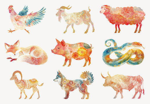 Colorful Zodiac Animal Illustrations Element Design Set