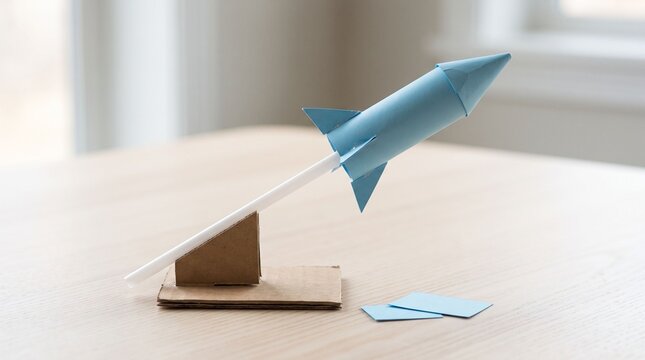 Homemade paper straw rocket experiment setup on wooden table for school STEM education