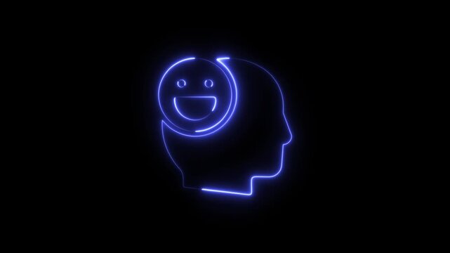 Neon blue outline of a human head profile with a happy smiling face icon inside representing positive mental health and mood