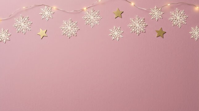 Delicate snowflake and star ornaments strung on a string, decorating a pink background, creating festive winter celebration concept