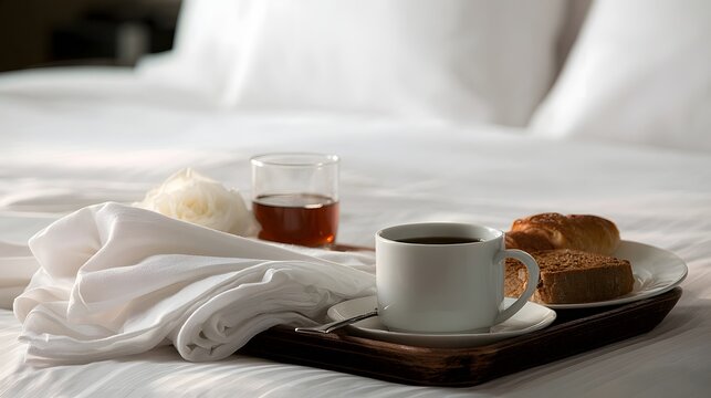 A serene morning tray with coffee  tea  bread  and a white rose resting on crisp white linens in a softly lit room